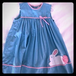 Girls blue gingham dress with bunny appliqué